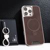 A brown leather case with a magnetic stand for an iPhone is shown next to a black magnetic lanyards.
