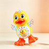 A yellow, interactive dancing duck robot with flashing lights and an orange beak is shown against a light background.