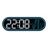 A black digital wall clock displaying the time 22:08, temperature, date, and weekday.