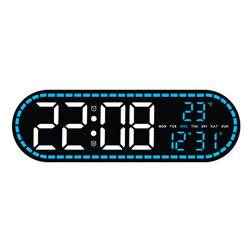 A black digital wall clock displaying the time 22:08, temperature, date, and weekday.