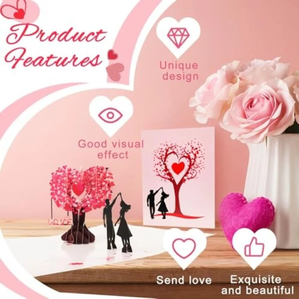 Pink 3D pop-up love tree card featuring a couple silhouette design for a special message.