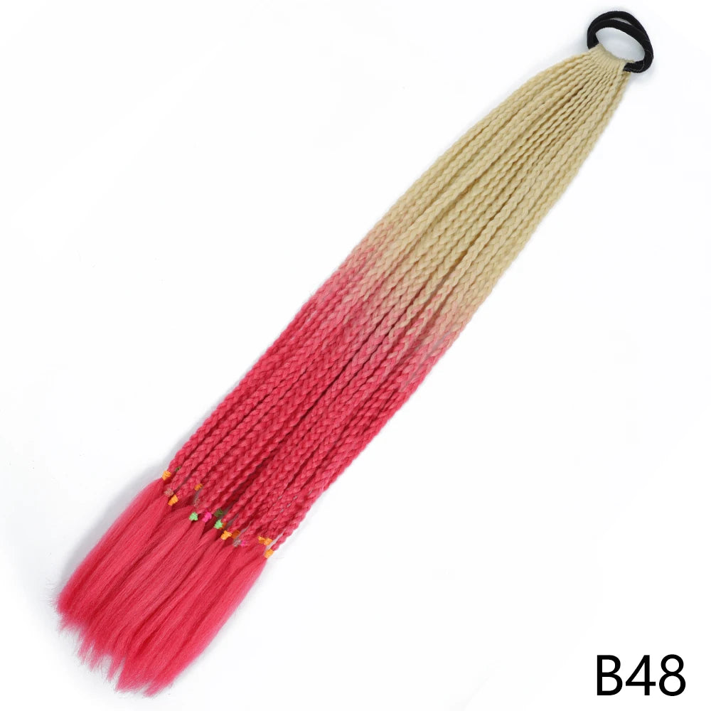 A long pre-braided ponytail extension featuring a gradient color transition from pink to beige.
