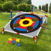 Portable cornhole toss game set featuring a large board with colored targets and six bean bags on a green lawn.