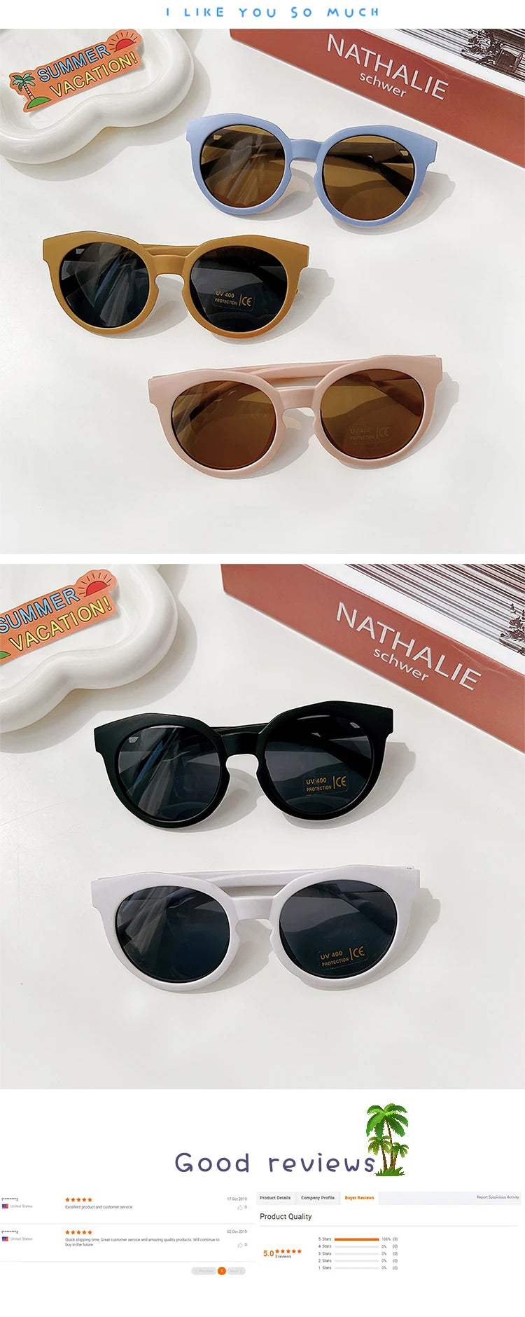A collection of sunglasses in various colors and styles, including aviator, round, and square frames.
