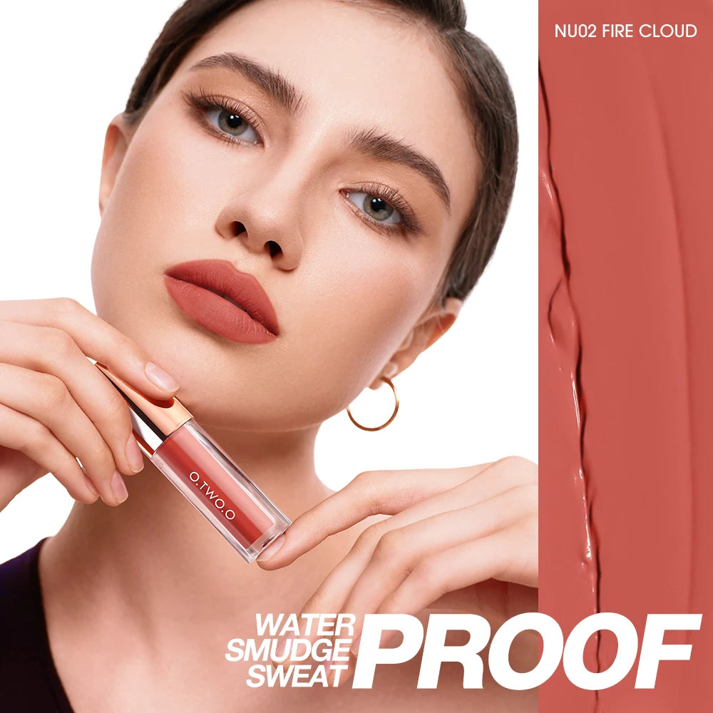 Close-up of a woman applying O.TWO.O lip tint on her face, showcasing the product and its water smudge proof quality.
