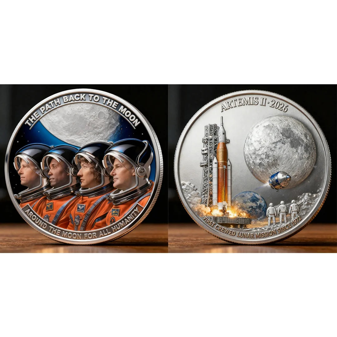 A commemorative space coin featuring astronauts and the moon, titled The Path Back to the Moon.