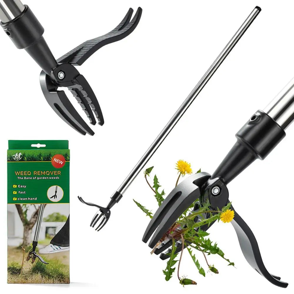 A black stand-up weed remover tool with a long handle and ergonomic grip is shown.