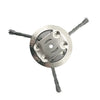 A silver steel wire brush trimmer head with a threaded shaft and mounting plate.