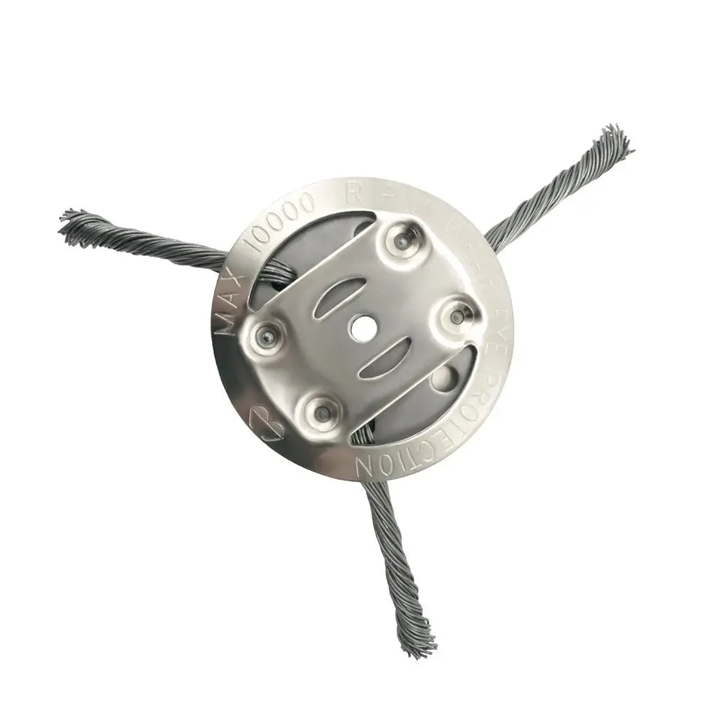 A silver steel wire brush trimmer head with a threaded shaft and mounting plate.