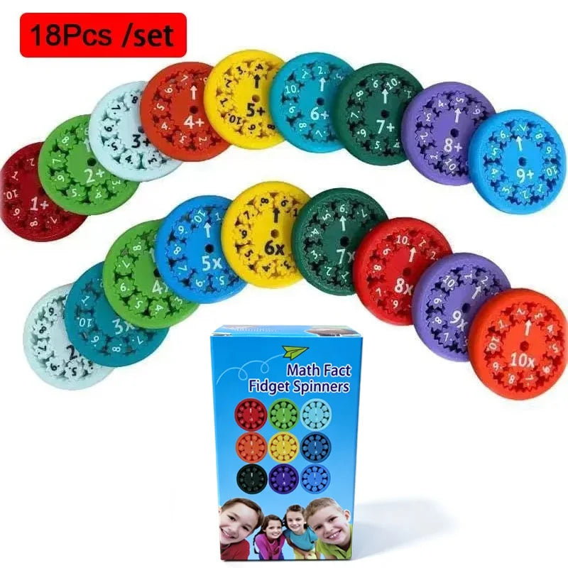Et sett med 18 fargerike matematikk-fidget-spinnere i ulike farger og design