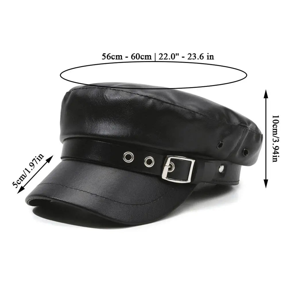 Black PU leather beret hat with a strap and buckle, shown from the side.
