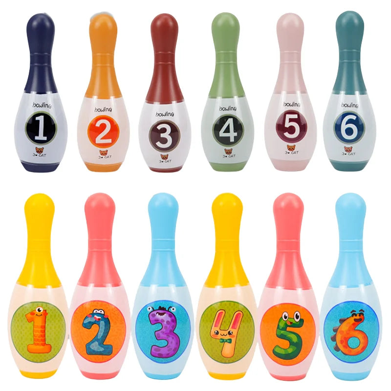 A set of six colorful bowling pins numbered 1 through 6 for toddler learning.