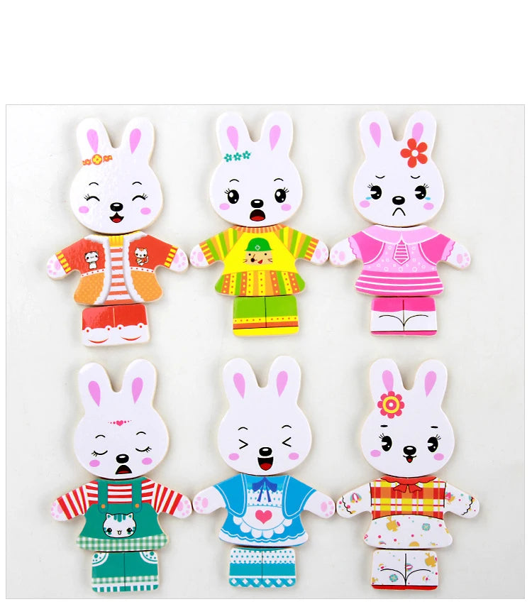 A set of four wooden puzzle dress-up bears for children in various colors and outfits.