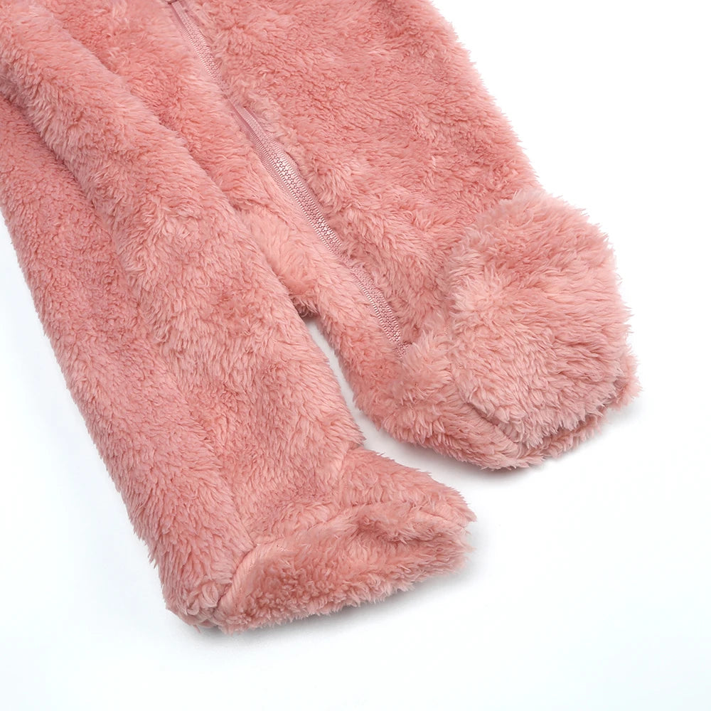 A pink baby fleece hooded romper with a zipper, shown in a close-up view.