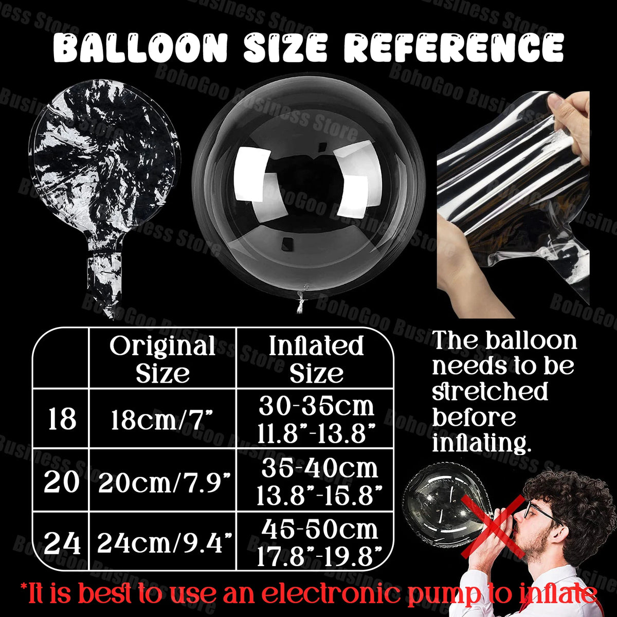 Balloon size reference chart showing dimensions for sizes 18, 20, and 24 balloons.