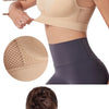 A beige sports bra and matching high-waisted leggings are shown, highlighting the design features.