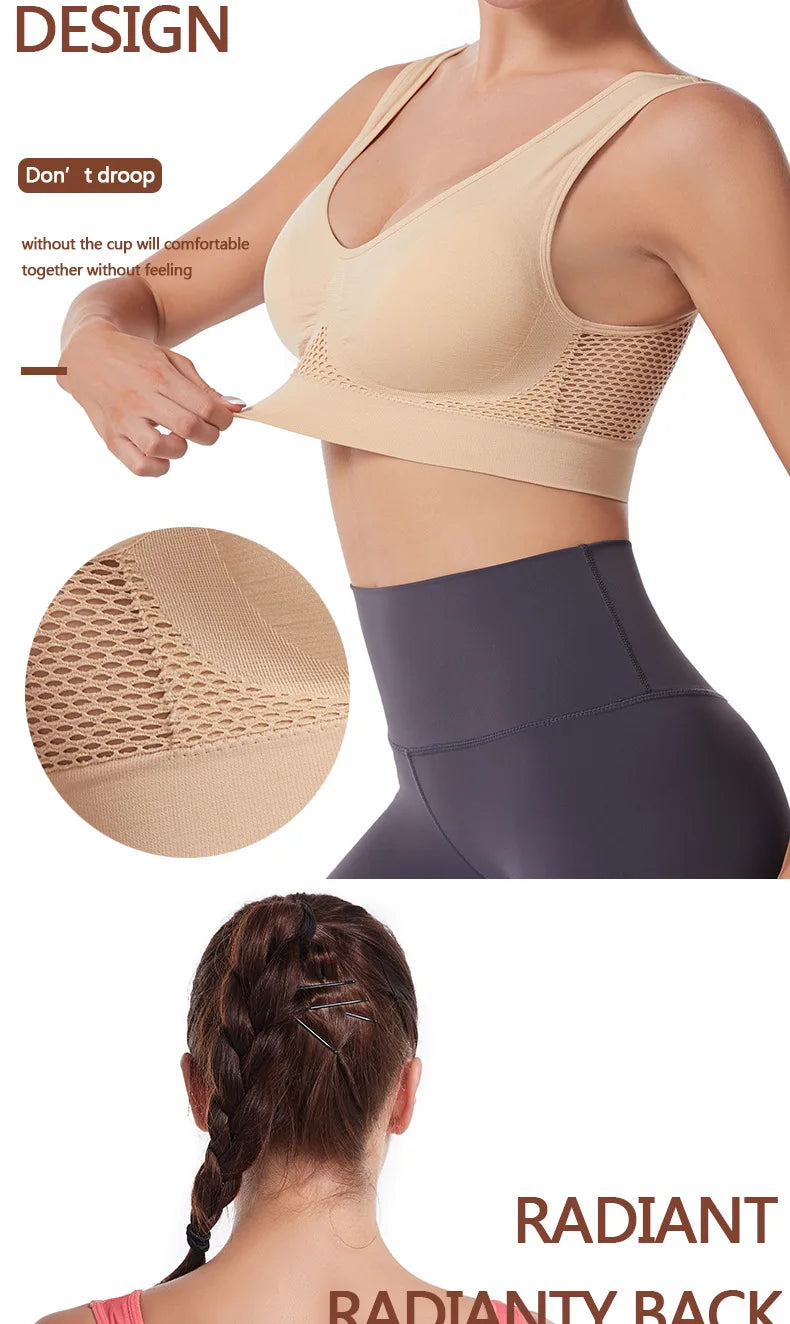 A beige sports bra and matching high-waisted leggings are shown, highlighting the design features.