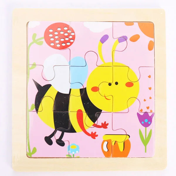 A wooden puzzle featuring a yellow and black bee design on a pink background.