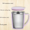 A purple stainless steel insulated travel mug with a silicone sealing ring and handle.