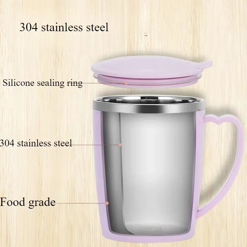 A purple stainless steel insulated travel mug with a silicone sealing ring and handle.