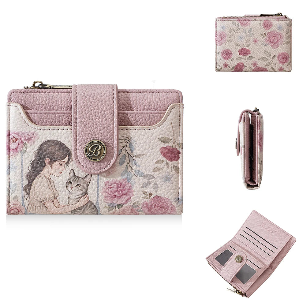A pink floral print women's wallet with a zipper closure and card slots, featuring an illustration of a woman and a cat.