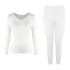 White women's thermal underwear set featuring a long-sleeved top and matching leggings.