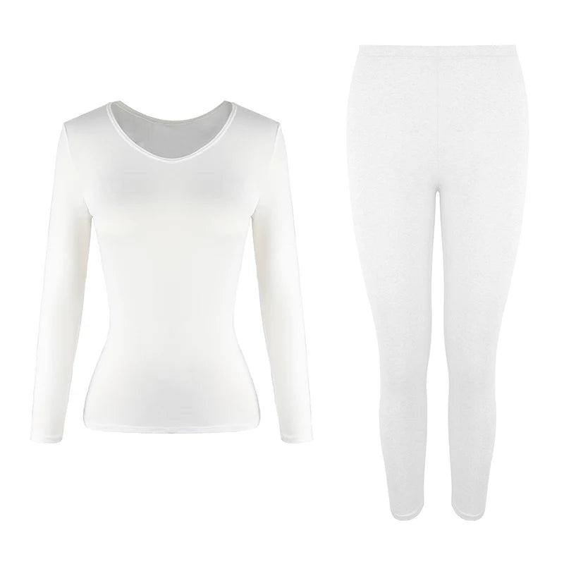 White women's thermal underwear set featuring a long-sleeved top and matching leggings.
