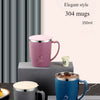 A collection of pink and blue 350ml stainless steel insulated travel mugs displayed on a gray surface.