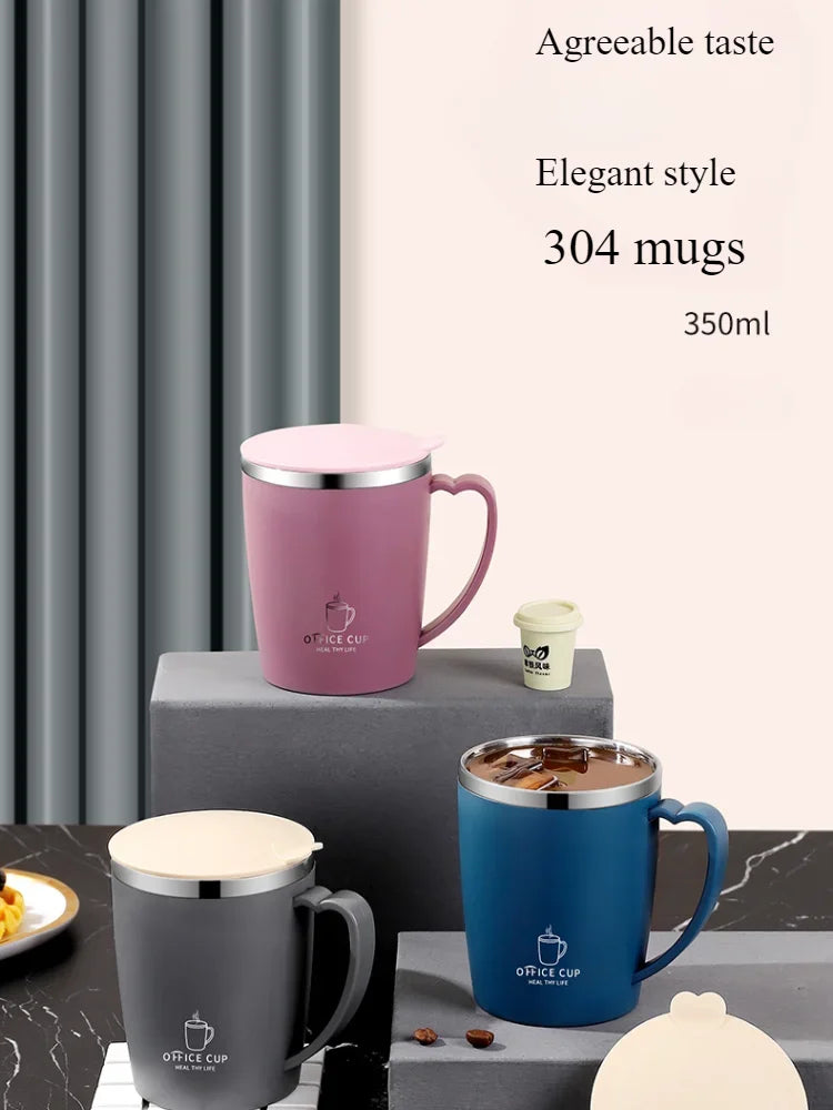 A collection of pink and blue 350ml stainless steel insulated travel mugs displayed on a gray surface.