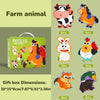 A set of farm animal puzzles featuring plastic figures of a cow, horse, chicken, and others.