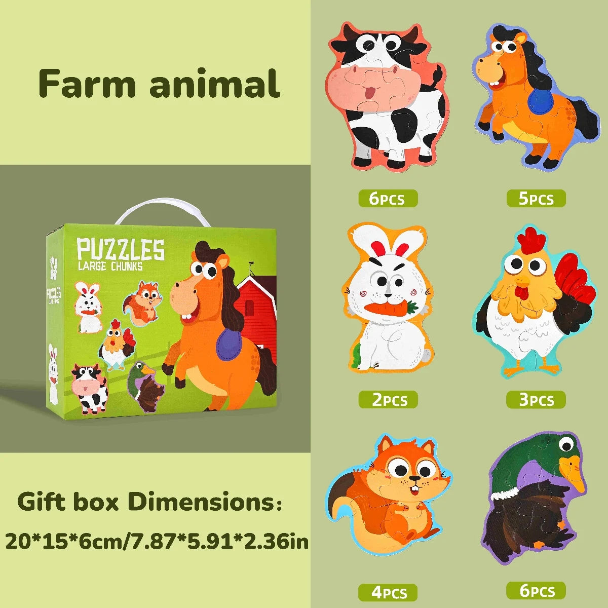 A set of farm animal puzzles featuring plastic figures of a cow, horse, chicken, and others.