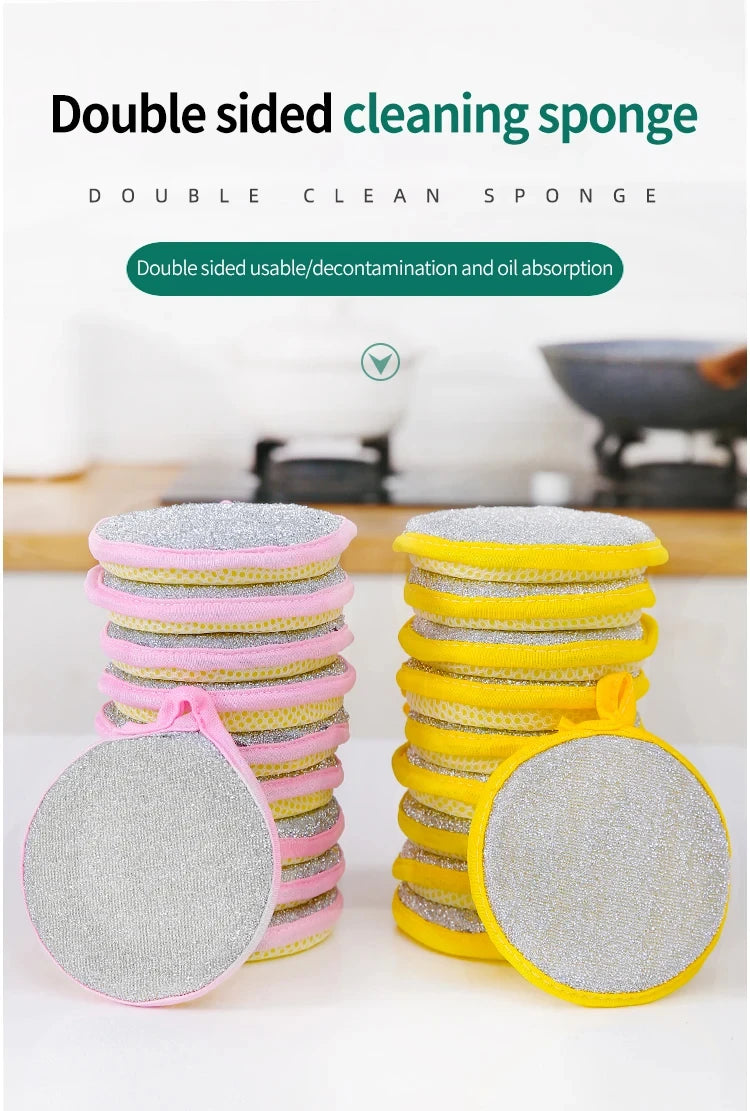A stack of double-sided cleaning sponges in pink and yellow colors are shown on a white surface.