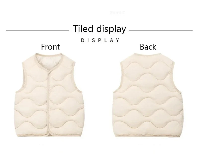 Front and back views of a kids' solid color warm cotton vest with a quilted pattern