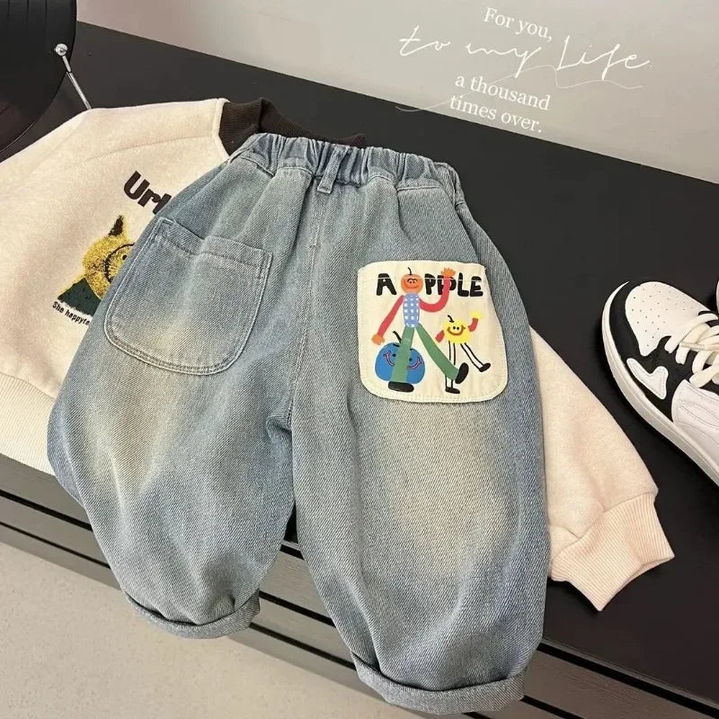 Light blue denim casual pants for boys with an elastic waist and front pocket