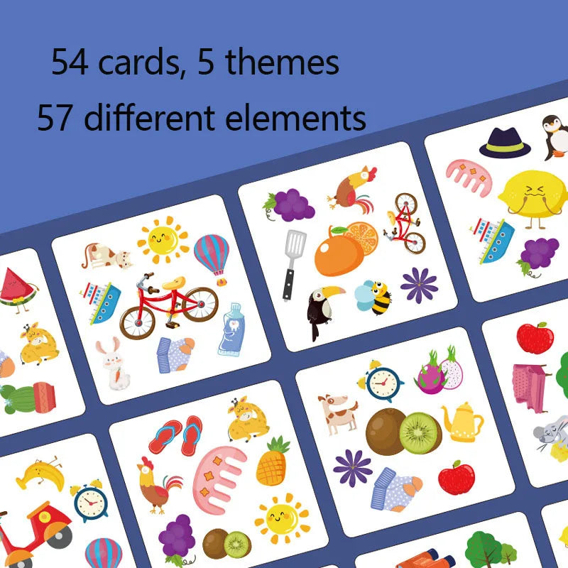 A collection of 54 cards featuring 5 themes and 57 different elements for an animal memory matching card game.