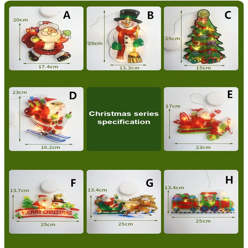 A series of Christmas decorations featuring Santa Claus, a Christmas tree, and festive vehicles, all designed for window disp