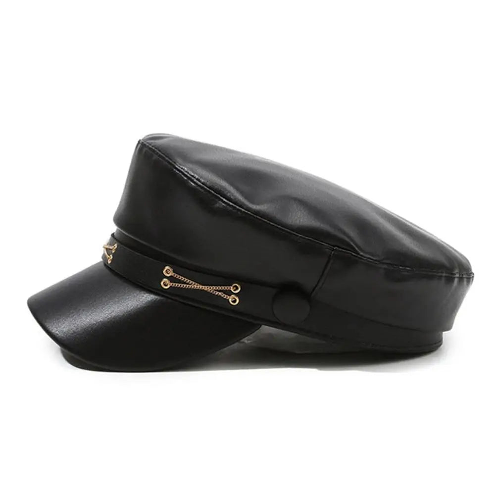 Black PU leather beret hat with a band and gold-toned zipper details.