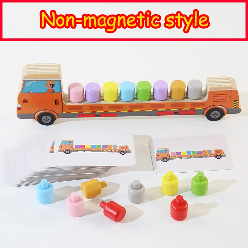 A wooden toy train shaped like a caterpillar, featuring various colored and shaped pieces for matching.