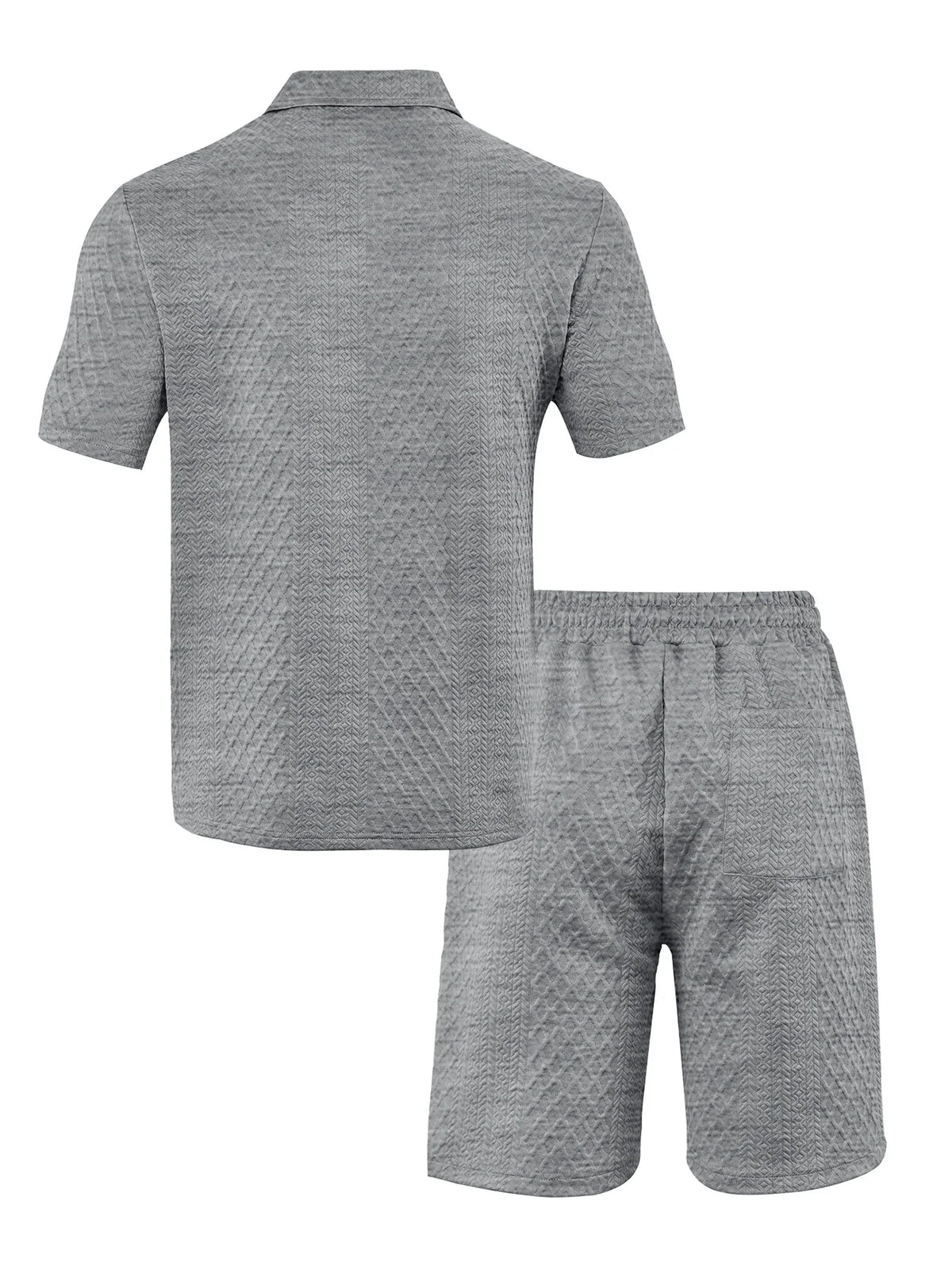 A gray men's casual jacquard short-sleeve shirt and drawstring shorts set displayed flat.