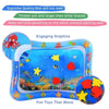 A blue inflatable baby water play mat with engaging graphics for tummy time