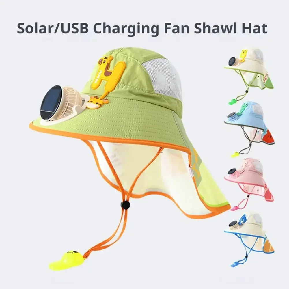 A lime green sun hat with a mesh panel, featuring a solar/USB charging fan and various accessories.