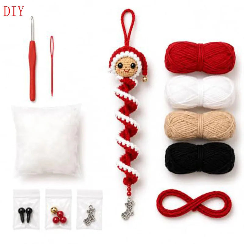 DIY hekle-snømann og julenisse spiral ornament-sett med garn, nål og ferdig ornament.