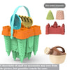 A green beach castle toy with three random accessories including a pink castle and a brown pot.
