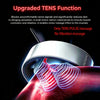 A close-up view of a TENS pulse massager device applying electrical stimulation to the neck and shoulder area.