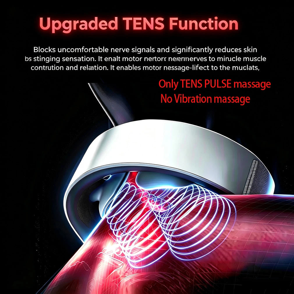 A close-up view of a TENS pulse massager device applying electrical stimulation to the neck and shoulder area.