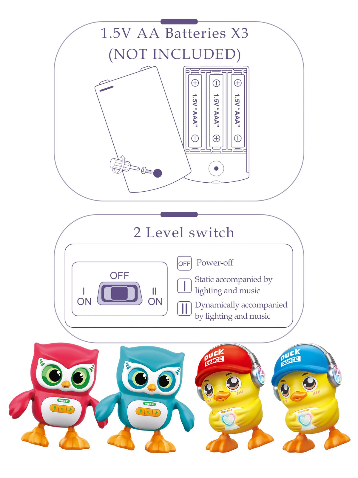 Musical dancing owl and duck toys with lights for kids