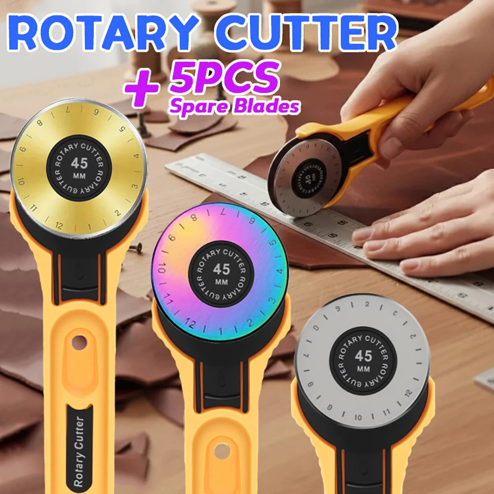 A hand is holding a yellow rotary cutter with a black handle and a blade, next to spare blades and a ruler.