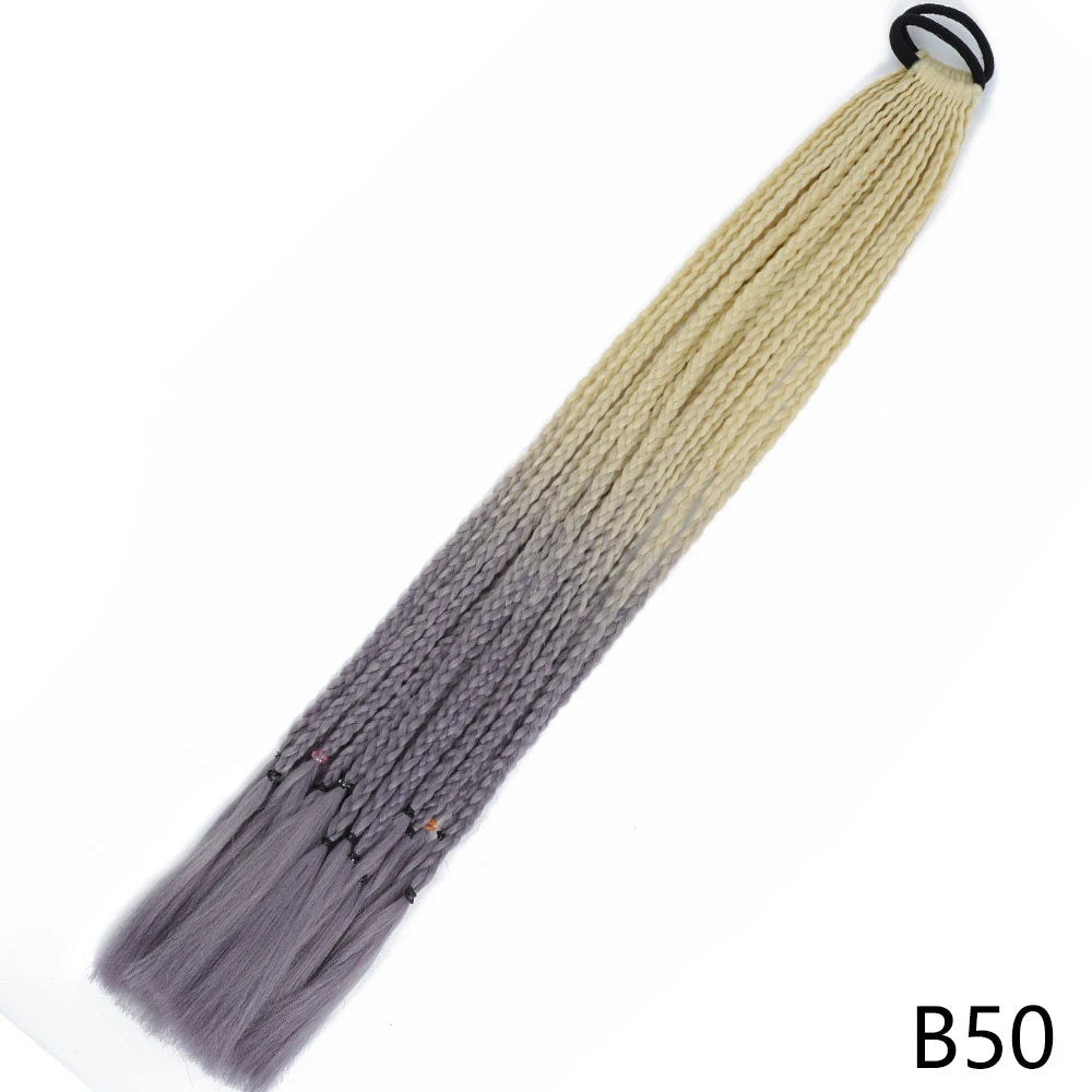 A long, pre-braided hair extension featuring a gradient color transition from dark gray to light beige, attached to an elasti