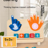 A wooden finger counting number learning toy showing the equation 5+3=6 with colorful wooden blocks and fingers.