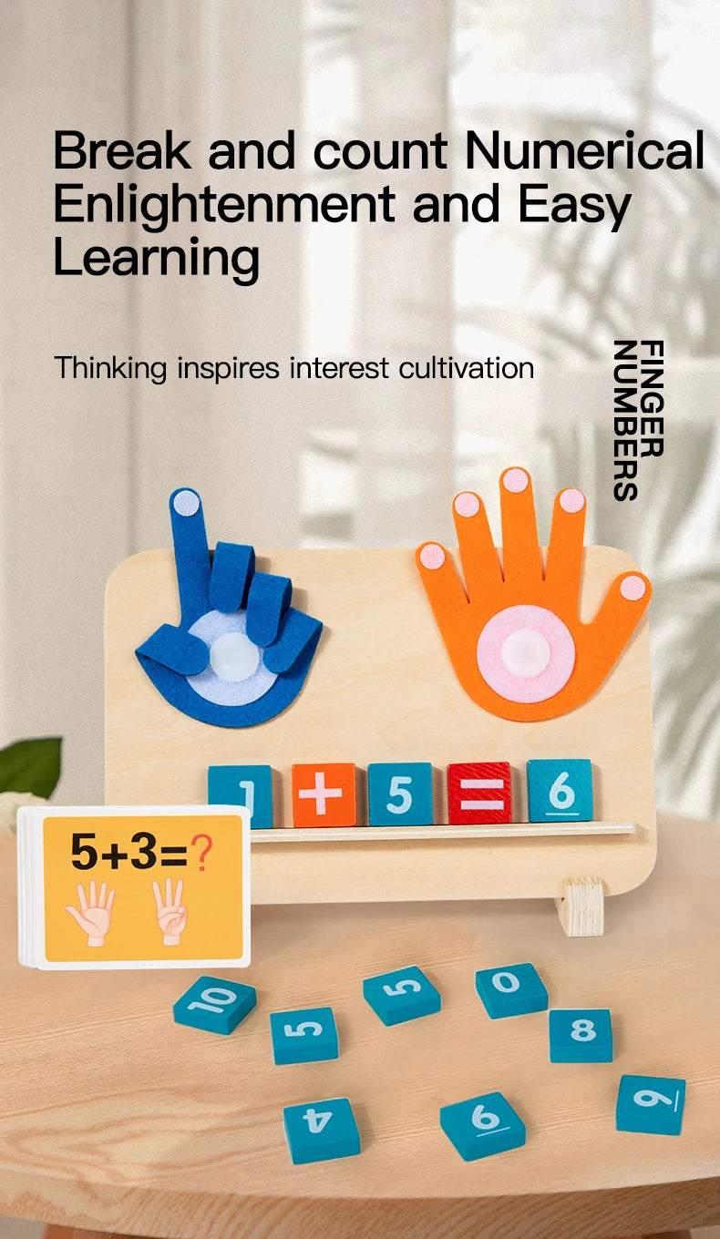A wooden finger counting number learning toy showing the equation 5+3=6 with colorful wooden blocks and fingers.